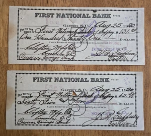 Lot of 2 The First National Bank of Gaffney Checks 1920, Gaffney, South Carolina - Picture 1 of 5