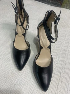 Adrienne Vittadini Black Leather High Heels Ankle Strap Women’s Size 8M Zip Bac - Picture 1 of 23