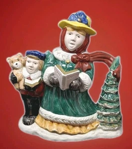 Fitz & Floyd Omnibus 1993 Village Carolers Weihnachten Teekanne 36oz. Frau Junge Vintage - Bild 1 von 21