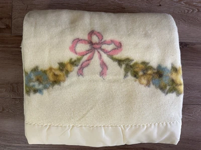 Vintage Yellow Floral Satin Trim Blanket Approximately 72” X 86” - Image 1 of 4