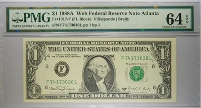 1988A $1 Atlanta Federal Reserve Web Press Note F/L Block 1/1 PMG 64 EPQ - Image 1 of 4