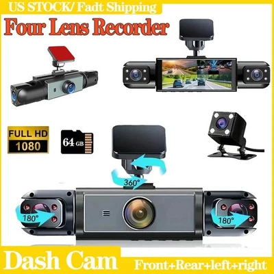 1/2x Dash Cam Recorder 4-Channel 360° Car Camera DVR Vehicle Video G-Sensor 64GB