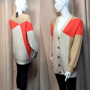 M&S Longline entspannte FARBBLOCK-STRICKJACKE ~ Größe L ~ KORALLE & BEIGE Mix - Bild 1 von 7