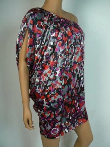 $168 Mattox Red Black One Shoulder Satin Printed Draped Tunic Dress 2 NWT M479 - Picture 1 of 6