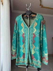 IVKO 100% ALGODÓN VERDE FLORAL CÁRDIGAN LARGO SUÉTER BOTÓN MANGA LARGA MUJER 42 - Imagen 1 de 14