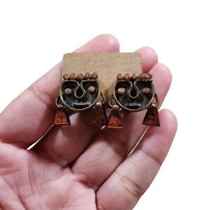 Vintage Gold Toned Copper Brass Mexico Mid-Century Screwback Faces Earrings .75"