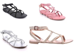 4 Color Thong Gladiator Faux PU Rhinestones Buckle Closure Womens Flat Sandals - Picture 1 of 21