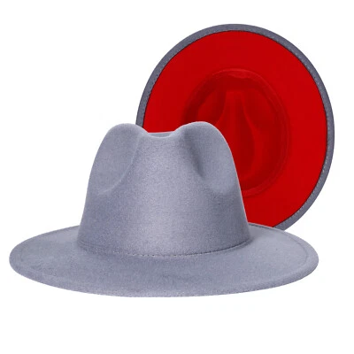 Men Women Two Tone Felt Fedora Hat Trilby Panama Jazz Cap Wide Brim Leather Band - Image 1 of 4