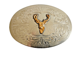 vintage Chambers NICKEL silver 12 point buck deer hunter Cowboy belt buckle