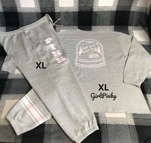 VS PINK SWEATPANTS OUTFIT & TEE IN MEDIUM HEATHER GREY & PINK LOGO SIZE XL - Picture 1 of 12