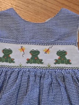 Vtg Kelly's Kids Dress Girls Sz 4 Blue Gingham Boutique Smock Frog Sundress - Image 1 of 4