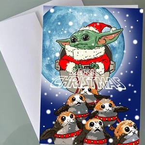 Baby Yoda Christmas Card Star Wars Mandalorian Grogu Funny Holiday Card - Picture 1 of 5