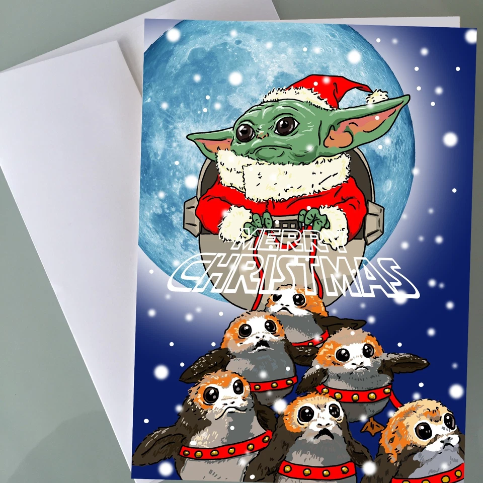 Baby Yoda Christmas Card Star Wars Mandalorian Grogu Funny Holiday Card - Image 1 of 2