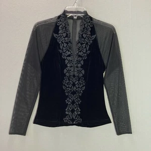 Vintage Gothic Black Velvet Mesh Long Sleeve Top Shirt Plunging Sexy Zip Size 10 - Picture 1 of 10