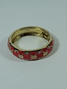 Vintage Pink Enamel Gold Tone Clamper Beautiful Pattern Bangle Bracelet Bling - Picture 1 of 11
