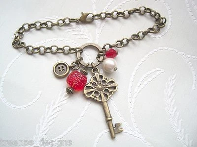 KEY PEARL BUTTON CLUSTER BEAD CHARM BRACELET Bronze Vintage Style Victoriana - Image 1 of 2