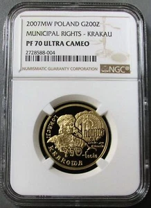 2007 MW GOLD POLAND NGC PROOF 70 ULTRA CAMEO 200 ZLOTYCH MUNICIPAL RIGHTS COIN - Picture 1 of 3
