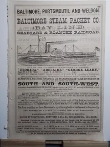Baltimore Steam Packet Co. Baltimore Portsmouth Weldon Allen 1876 - Picture 1 of 3