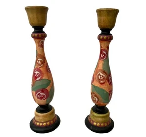 Hand Painted Wood Floral Design Vtg Set Of 2 Candle Holders Cottage Core Signed - Picture 1 of 7