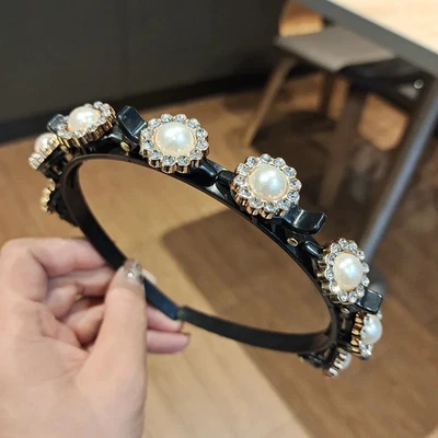 Diadema trenzada de doble capa diadema de punto de plástico para mujer accesorios de perlas Foto 1 de 4