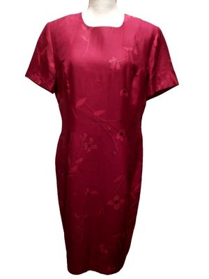 Vestido Vaina Manga Corta Vintage Años 90 Spenser Jeremy Borgoña Floral Seda 14 Foto 1 de 4