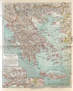 1898 GREECE ATHENS PIRAEUS CRETE MACEDONIA ALBANIA TURKEY Antique Map - Picture 1 of 1