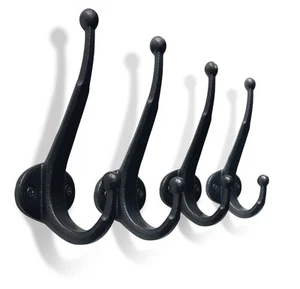 4 Pack Wall Mount Decorative Modern Double Prong Hooks Heavy Duty Black Mudroom - Picture 1 of 5