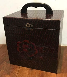 Japanese Kamakura Carved Wooden Cosmetics Box W10.8×D8.7×H13.4 W/Drawer & Mirror - Picture 1 of 19