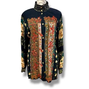 Vintage 80s Carole Little Black Floral Tunika Bluse Size L - German Fabric - USA - Bild 1 von 7