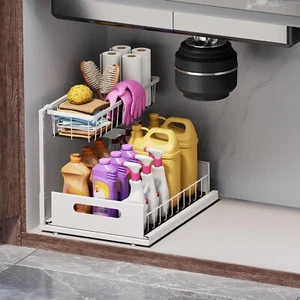 Under Sink Organizer 2 Tier Pull Out Cabinet Organizer Sliding Sink Shelf white - Picture 1 of 17