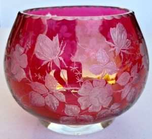Antique Cranberry Glass Rose Bowl Etched Floral Butterfly Victorian Vase - Picture 1 of 8