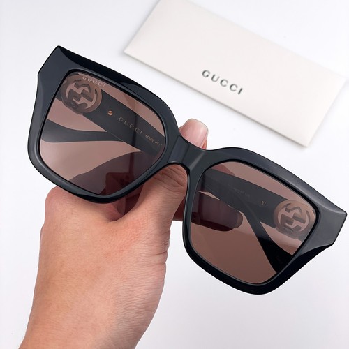 Gucci occhiali da sole donna nero marrone catena quadrata GG1023S 005 NUOVI