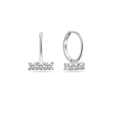 925 Sterling Silver CZ 3-Stone Bar Small Huggie Hoop Earrings - Image 1 of 4