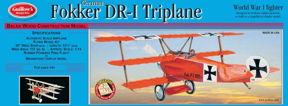 Guillow's Aereo Balsa Fokker DR-1 Triplane tagliato al laser Scala: 1/16 - Immagine 1 di 4