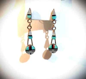 Indianer Made Ohrringe 925 Zuni Piercing Vintage Türkis Onyx MOP Koralle - Bild 1 von 6