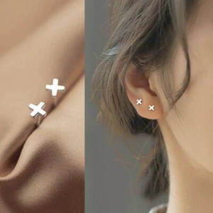 Plain Letter X Studs Earrings w/ Tiny Cross Shape-Solid Silver Studs-Dainty Mini - Picture 1 of 8