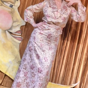 Vtg 60s Maxi Hostess Dress Gown Pink Gold Floral Lurex Holiday Brocade Formal L - Picture 1 of 6