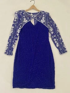 Vintage M Lawrence Kazar Silk Bead Sequin Pearl Cocktail Party Dress Medium Blue - Picture 1 of 16