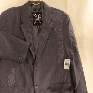 NWT Marc Ecko Sport Coat Men XL Slim Fit Embroidered Tattoo Gray Striped Jacket