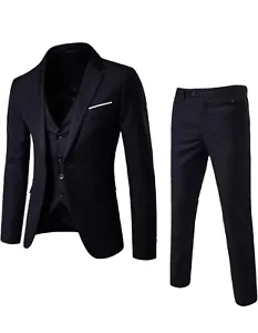 WULFUL Men’s Slim Fit Suit One Button 3-Piece Blazer Dress Business Wedding Part - Picture 1 of 3
