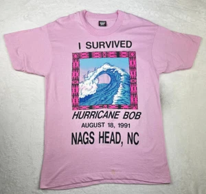 VTG Single Stitch Pink Tshirt 1991 Hurricane Bob North Carolina Survivor Mens L - Picture 1 of 8