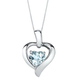 Aquamarine Sterling Silver Heart in Heart Pendant Necklace 0.75 Carats