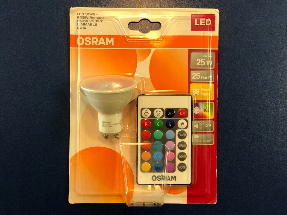 OSRAM LED GU10 Leuchtmittel 4,5W=25W 120° mit Fernbedienung Farbwechsel - Bild 1 von 4