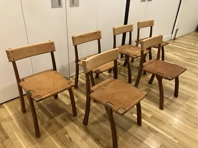 6  Handmade Leather And Wood Vintage Chairs. Full Set. BEAUTIFUL  LEATHER - Image 1 of 4