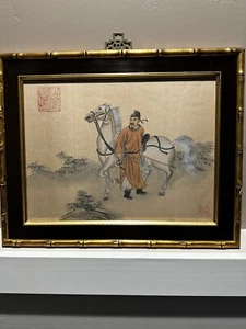 ANTIQUE CHINESE ORIGINAL WATERCOLOR ON SILK OF A AMAN STANDING BESIDE HIS HORSE - Picture 1 of 22