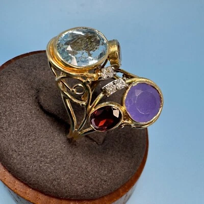 14k Yellow Gold Multi-Gemstone Handmade Statement Ring 2mm Width Size 5 - Image 1 of 4