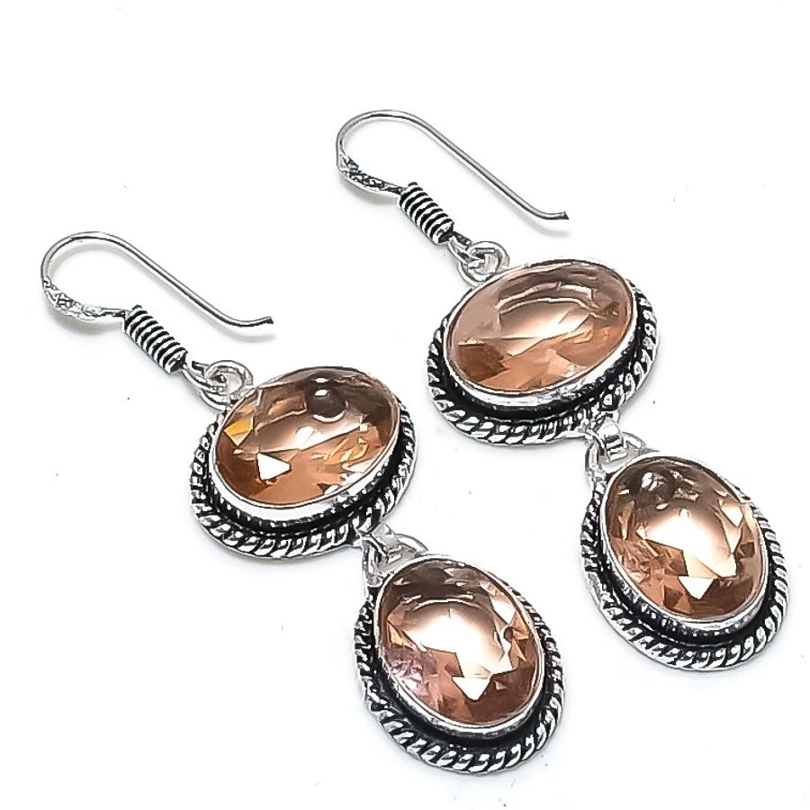 Peach Morganite Gemstone Handmade 925 Sterling Silver Jewelry Earring Size 2" - Image 1 of 1