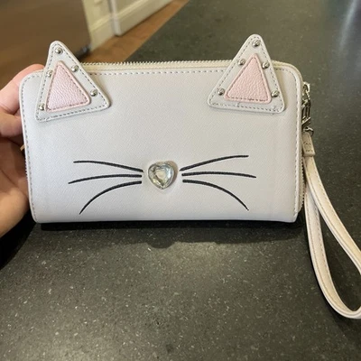 Cartera Betsey Johnson Muñequera Gato Cremallera Alrededor Gris Multi Cartera Joya Nariz Foto 1 de 4