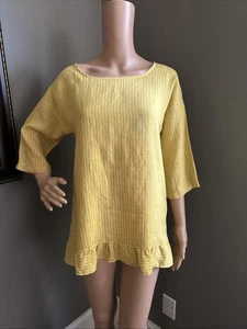 Top de lino para mujer talla M amarillo blanco rayas volantes dobladillo Lungo L'arno Italia Boho - Imagen 1 de 6