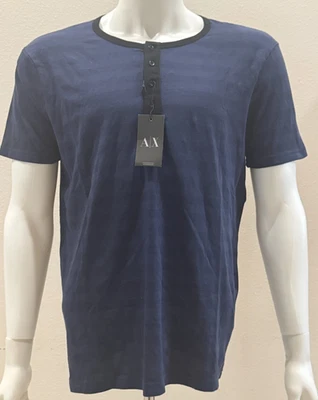 Armani Exchange A|X Mens Collared Striped Knit Short Sleeve Henley Top Blue L - Image 1 of 4